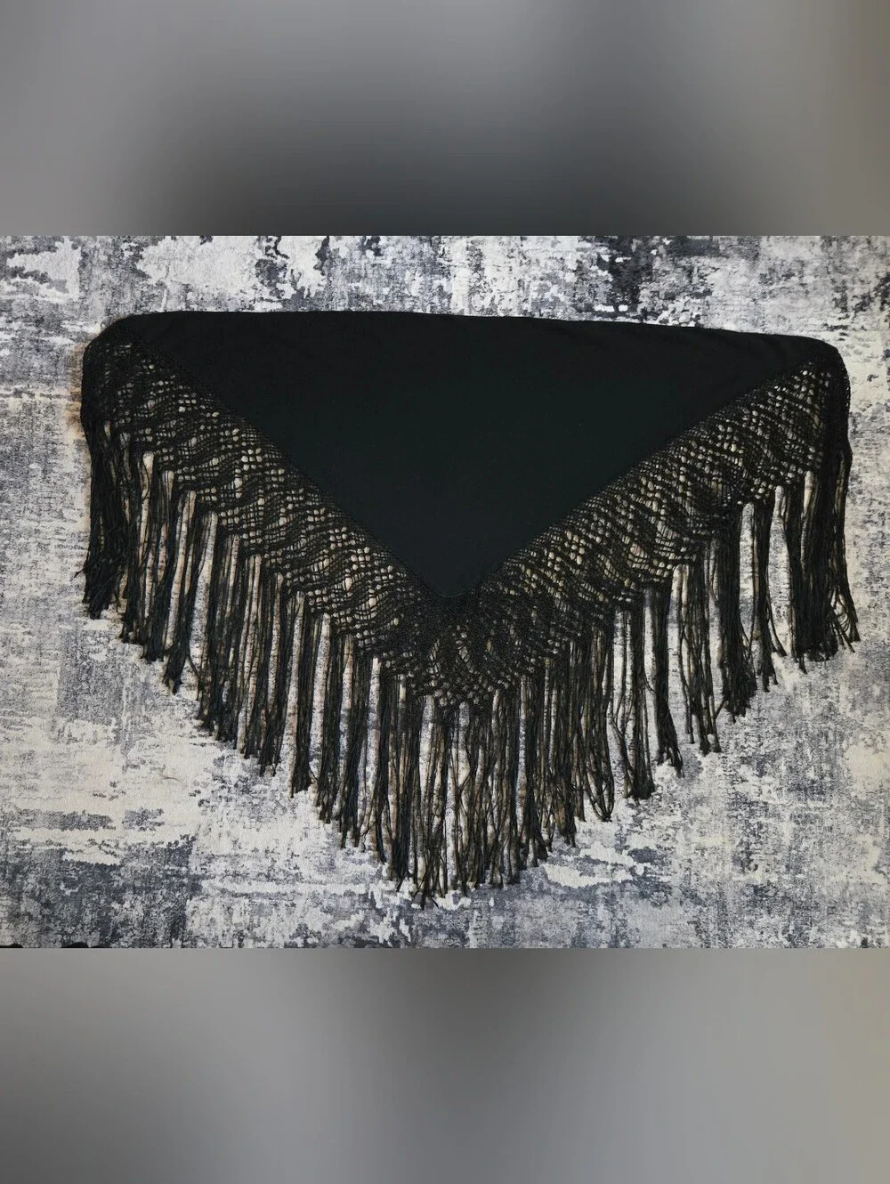 Spanish Flamenco Style Wool Blend Black Shawl With Long Fringe. Triangle Shape.